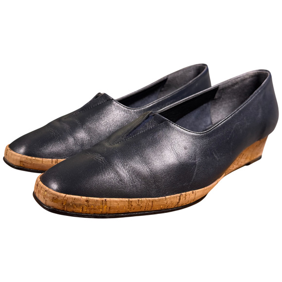 Magdesian Women's 10 Navy Leather Cork Wedge Heels Comfort Casual Italy - Picture 3 of 11